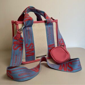 Steve Madden BWEBBER Canvas Crossbody Satchel Bag AirPod Case Blue Pink Purse